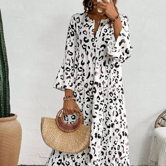 Multicolor Boho Women's Summer Leopard Printed Loose Dress - Picture 1 of 6